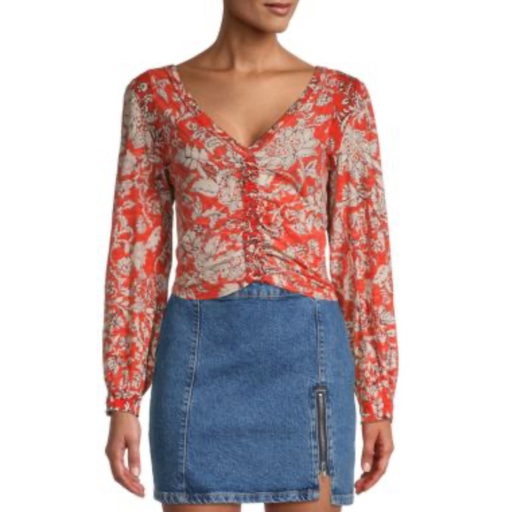 Free People Top Women's Small Say The‎ Word Ruby Red Combo Ruched MSRP$78